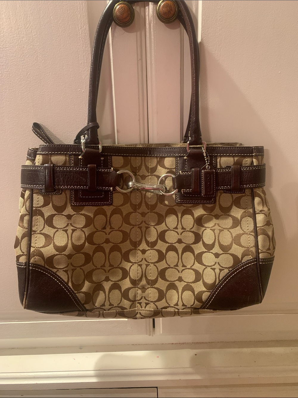 Coach Brown and Khaki Signature Canvas Tote with Horsebit Detail